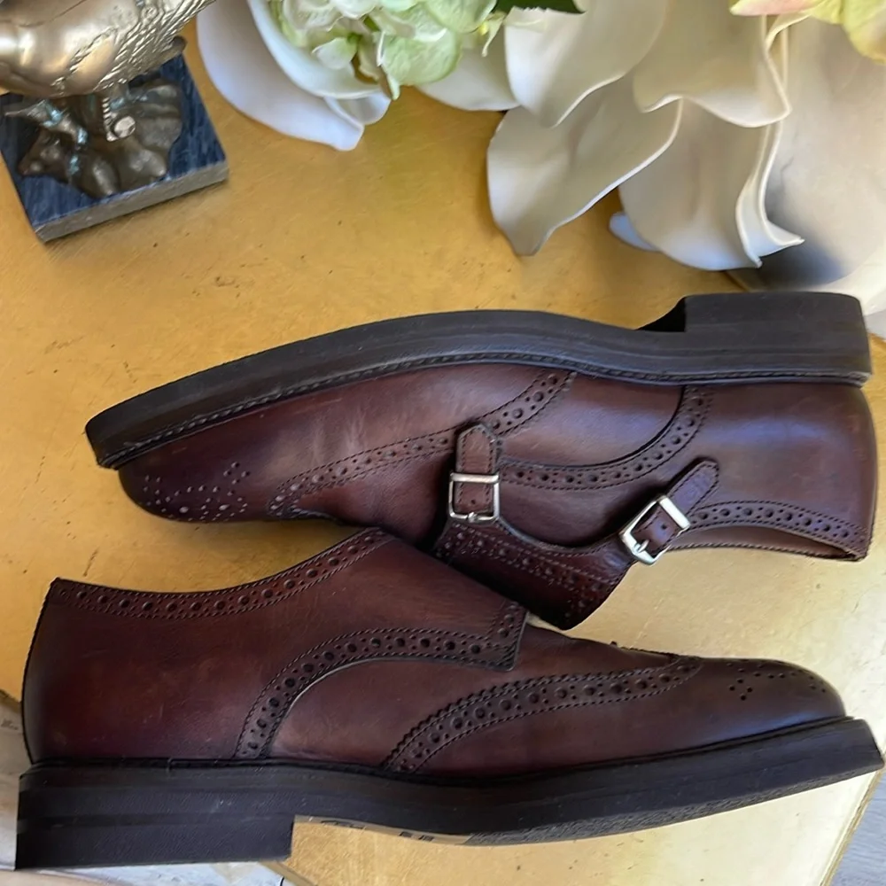 Brunello Cucinelli Brogue Wingtip Double Monk Strap Loafers in Brown Leather